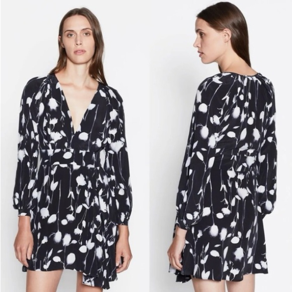 EQUIPMENT Alexandria Black White Floral Long Sleeve V-Neck Asymmetric Dress Sz 6